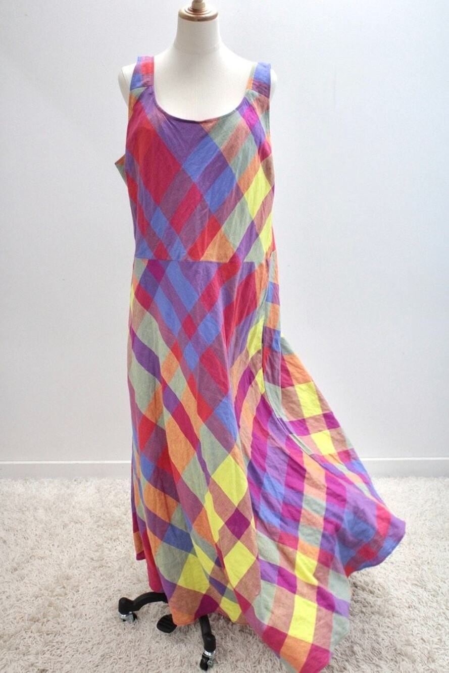 Jessica London Maxi Rainbow Plaid Sleeveless Tank Dress Sz 20 Linen Blend Pride